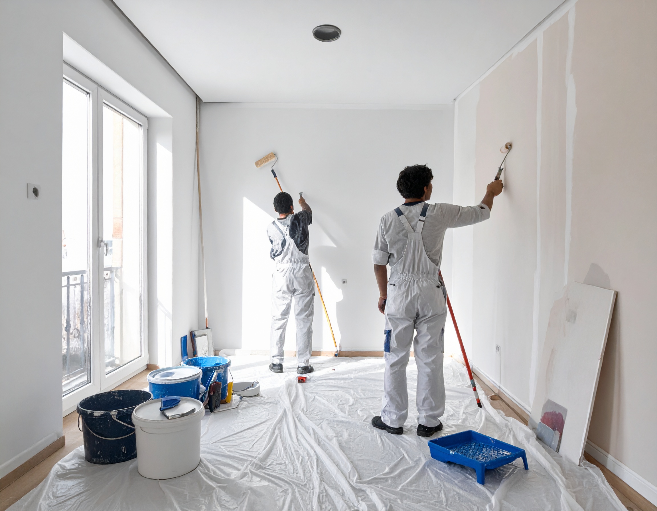 Deux artisans peintres en train de peindre dans un appartement.
