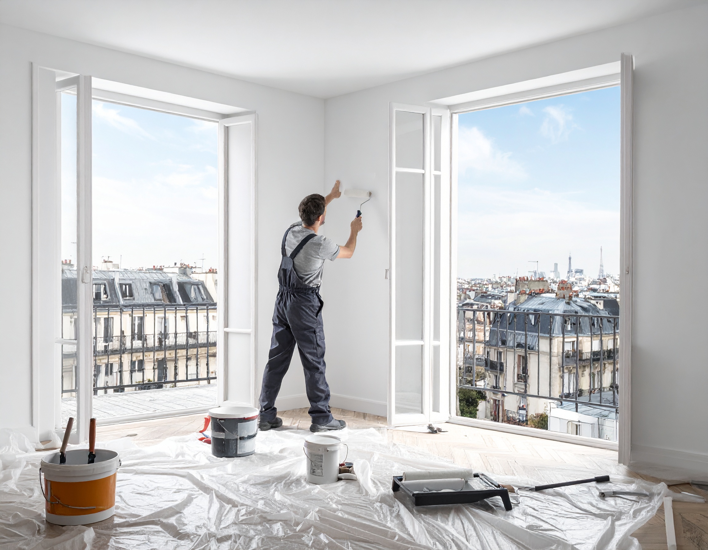 Un ouvrier dans un appartement à Paris en train de faire des travaux de peinture.
