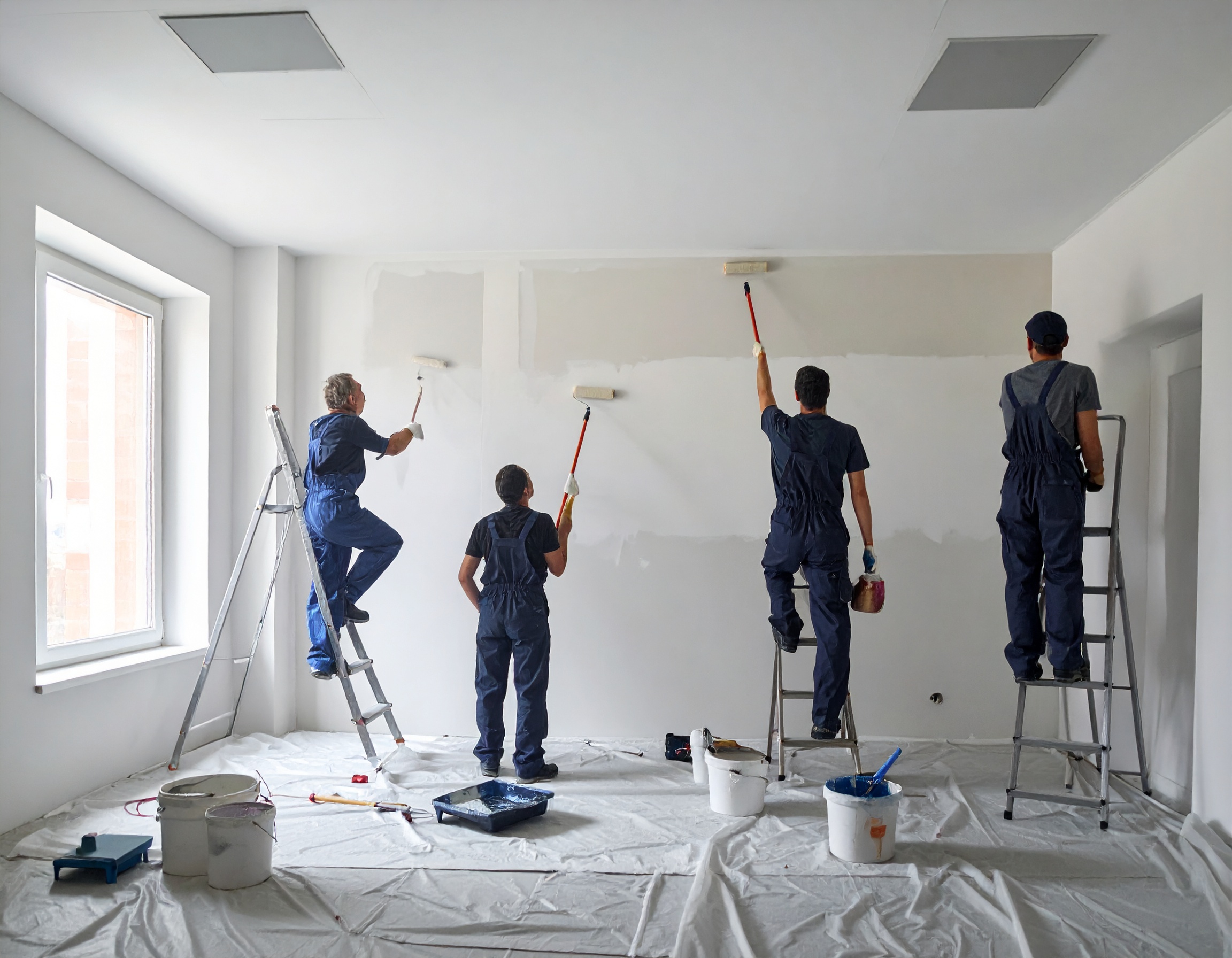 Des ouvriers en train de faire des travaux de peinture intérieure dans une maison