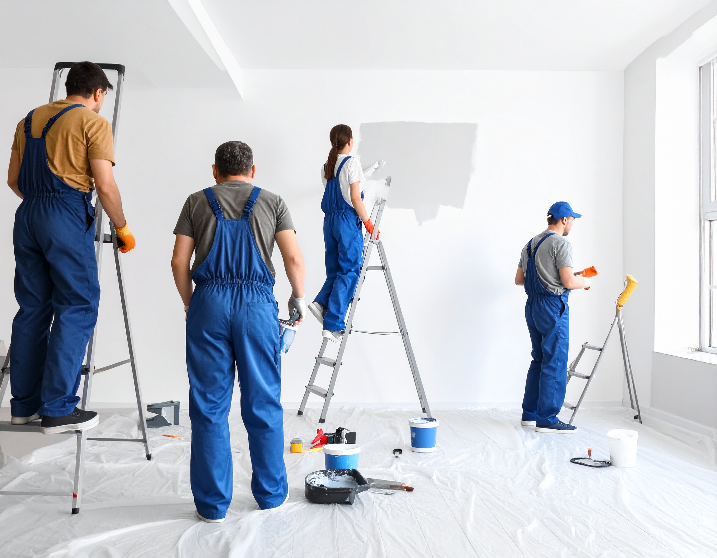 Des ouvriers en train de faire des travaux de peinture intérieure dans une maison