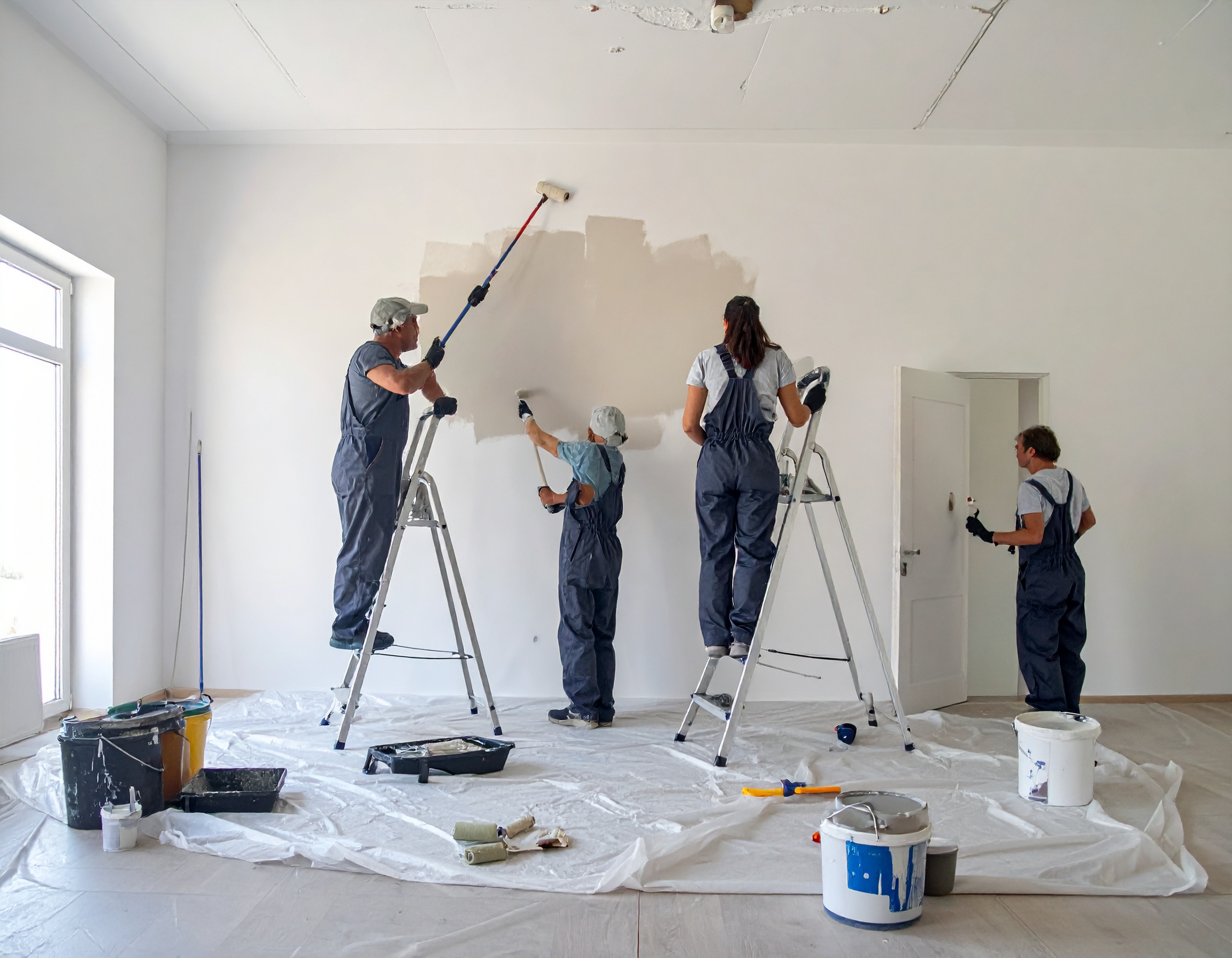 Des ouvriers en train de faire des travaux de peinture intérieure dans une maison