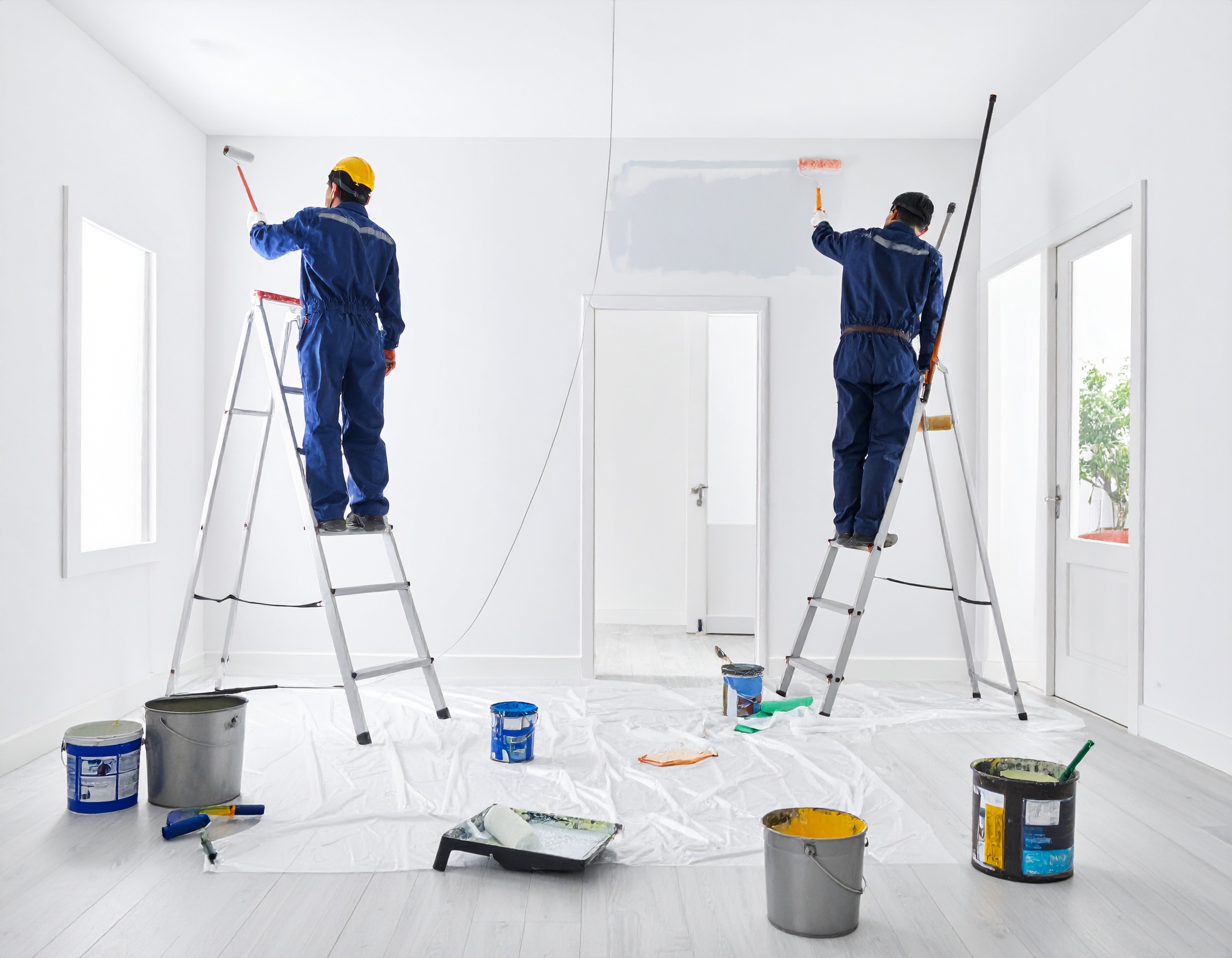 Des ouvriers en train de faire des travaux de peinture intérieure dans une maison