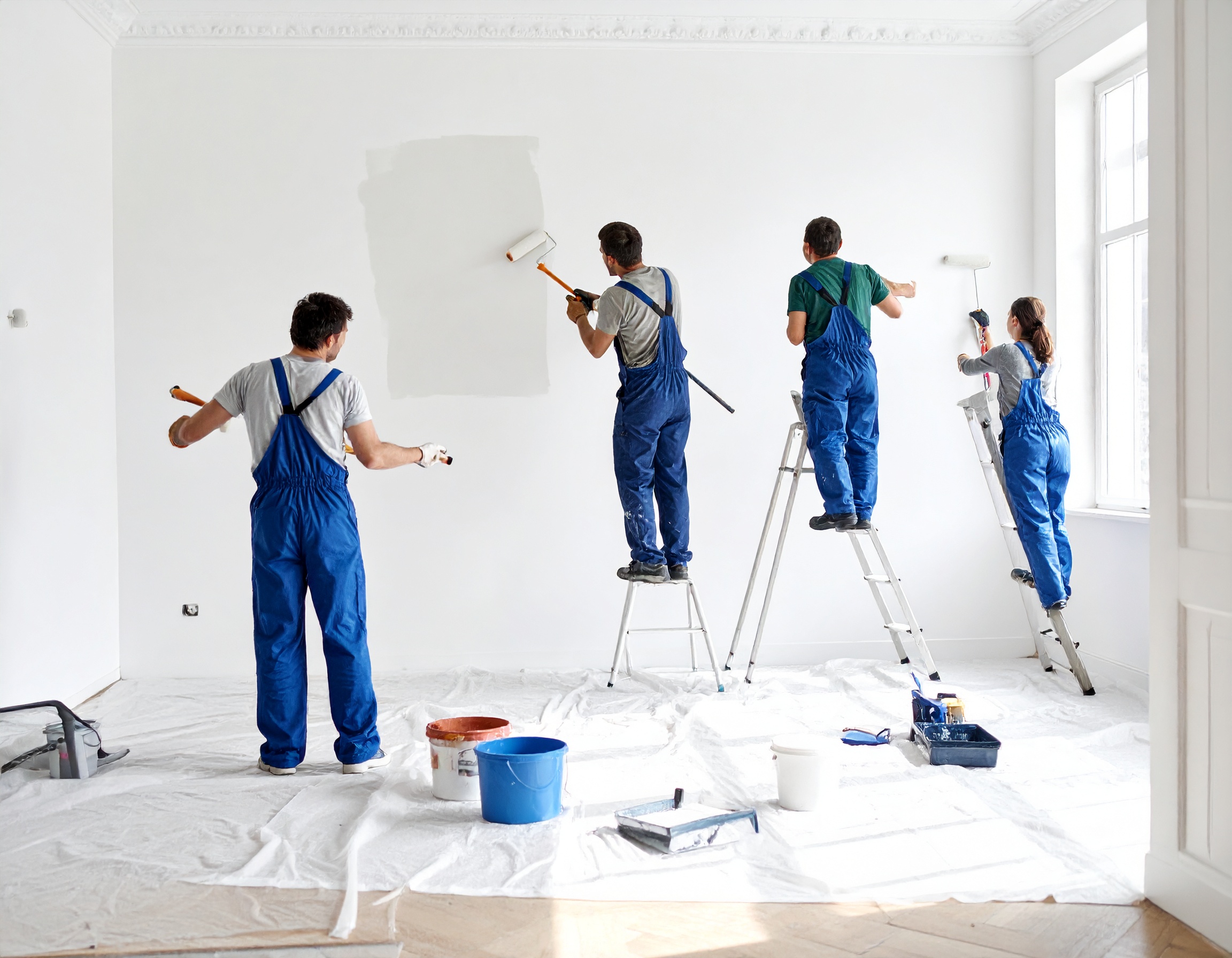 Des ouvriers en train de faire des travaux de peinture intérieure dans une maison