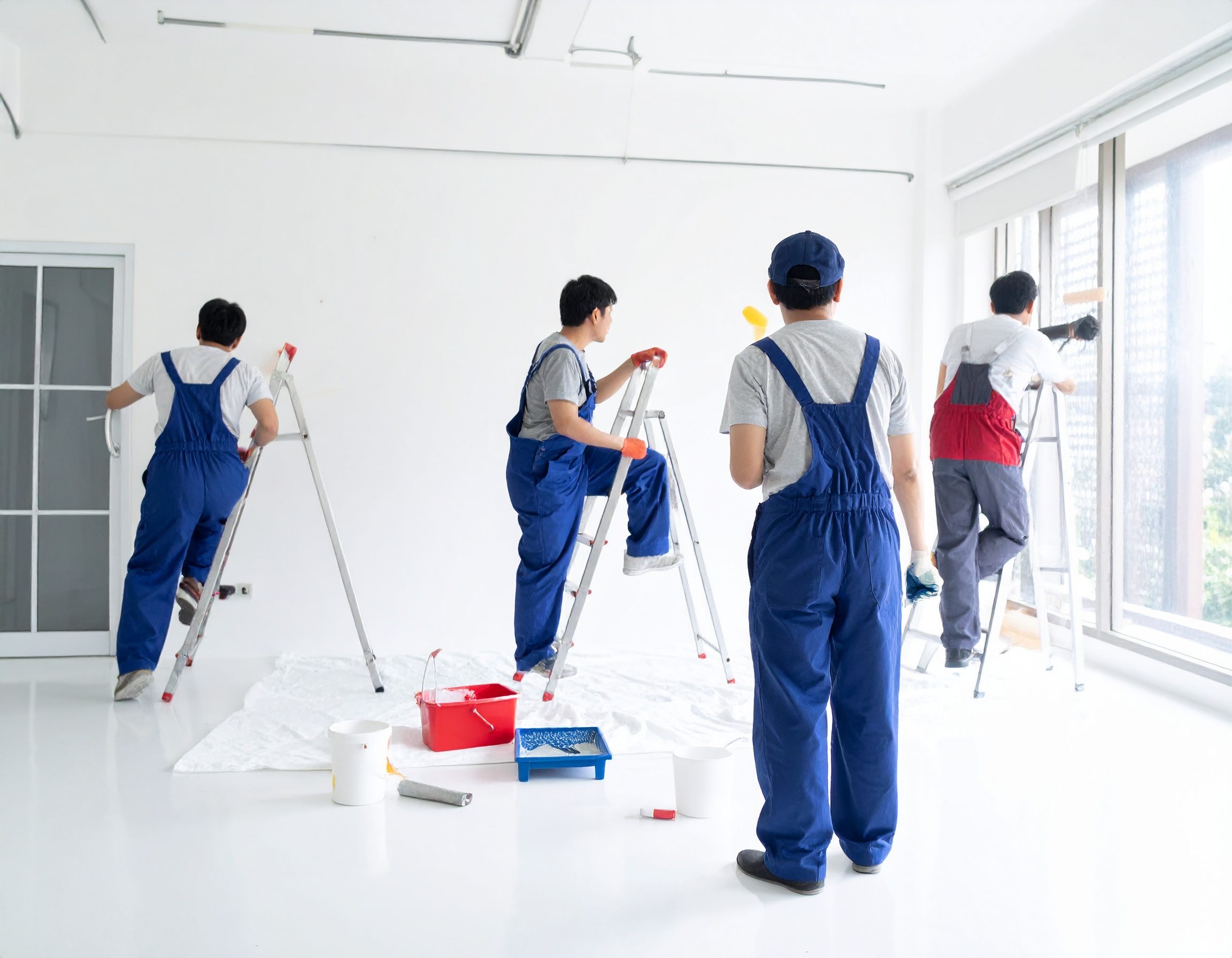 Des ouvriers en train de faire des travaux de peinture intérieure dans une maison