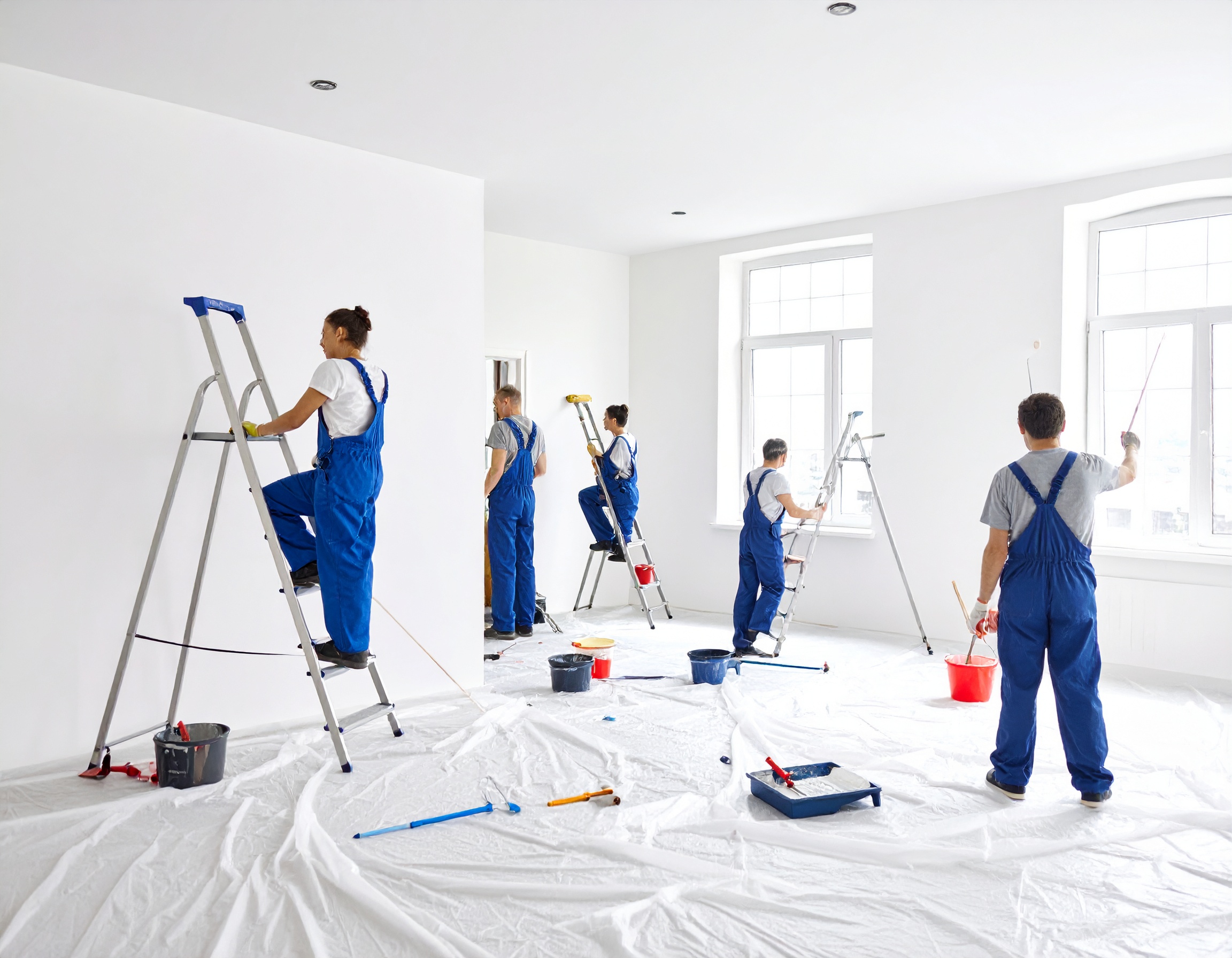 Des ouvriers en train de faire des travaux de peinture intérieure dans une maison