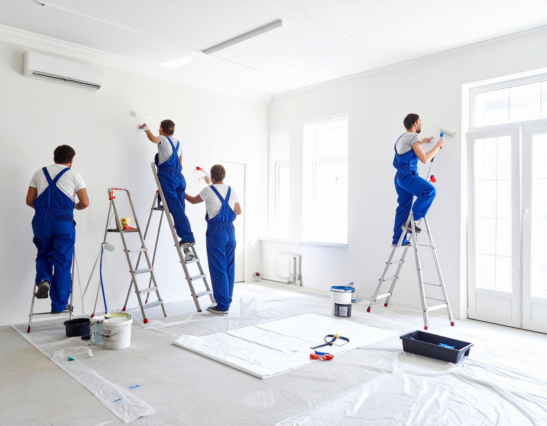 Des ouvriers en train de faire des travaux de peinture intérieure dans une maison