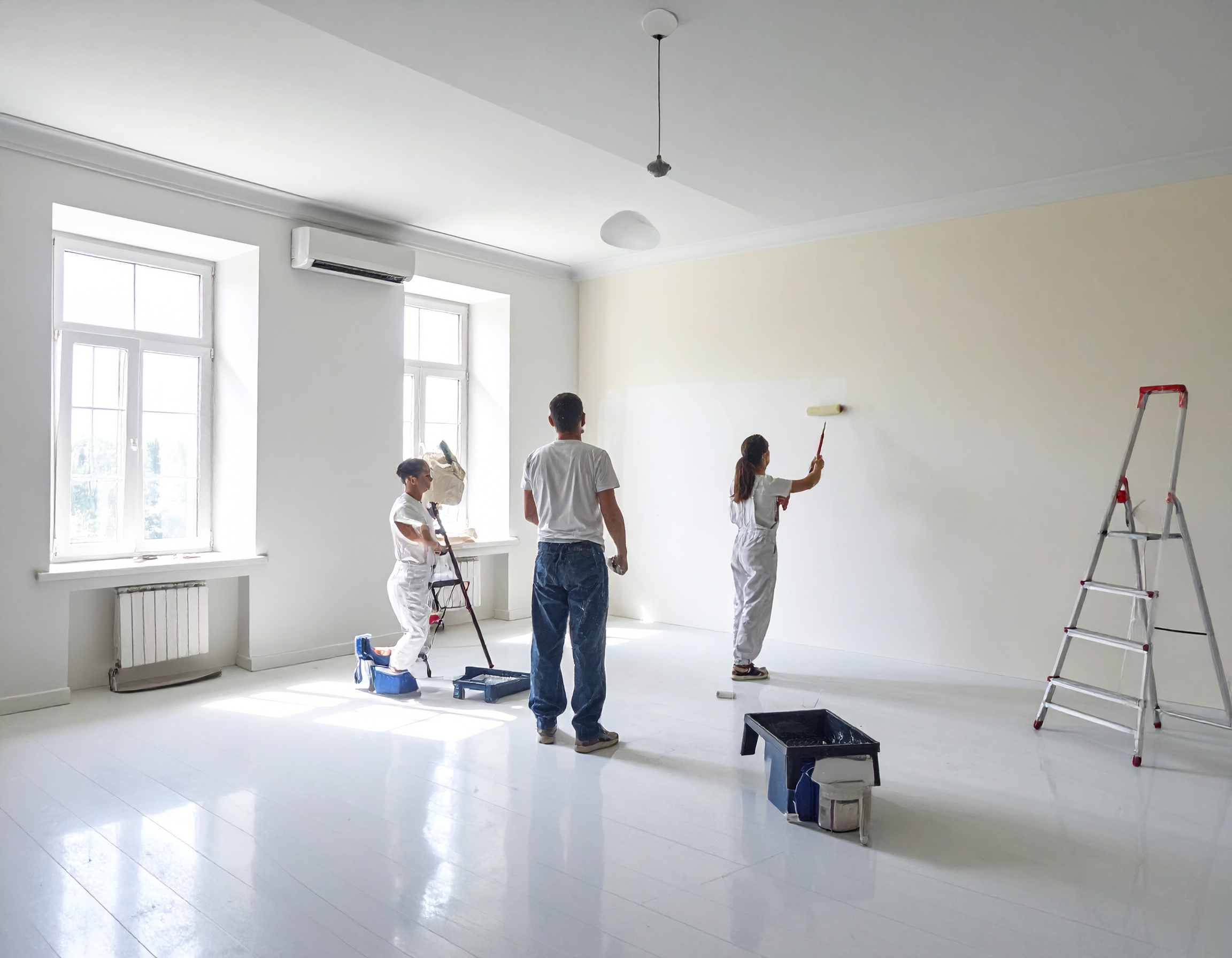 Des ouvriers en train de faire des travaux de peinture intérieure dans une maison