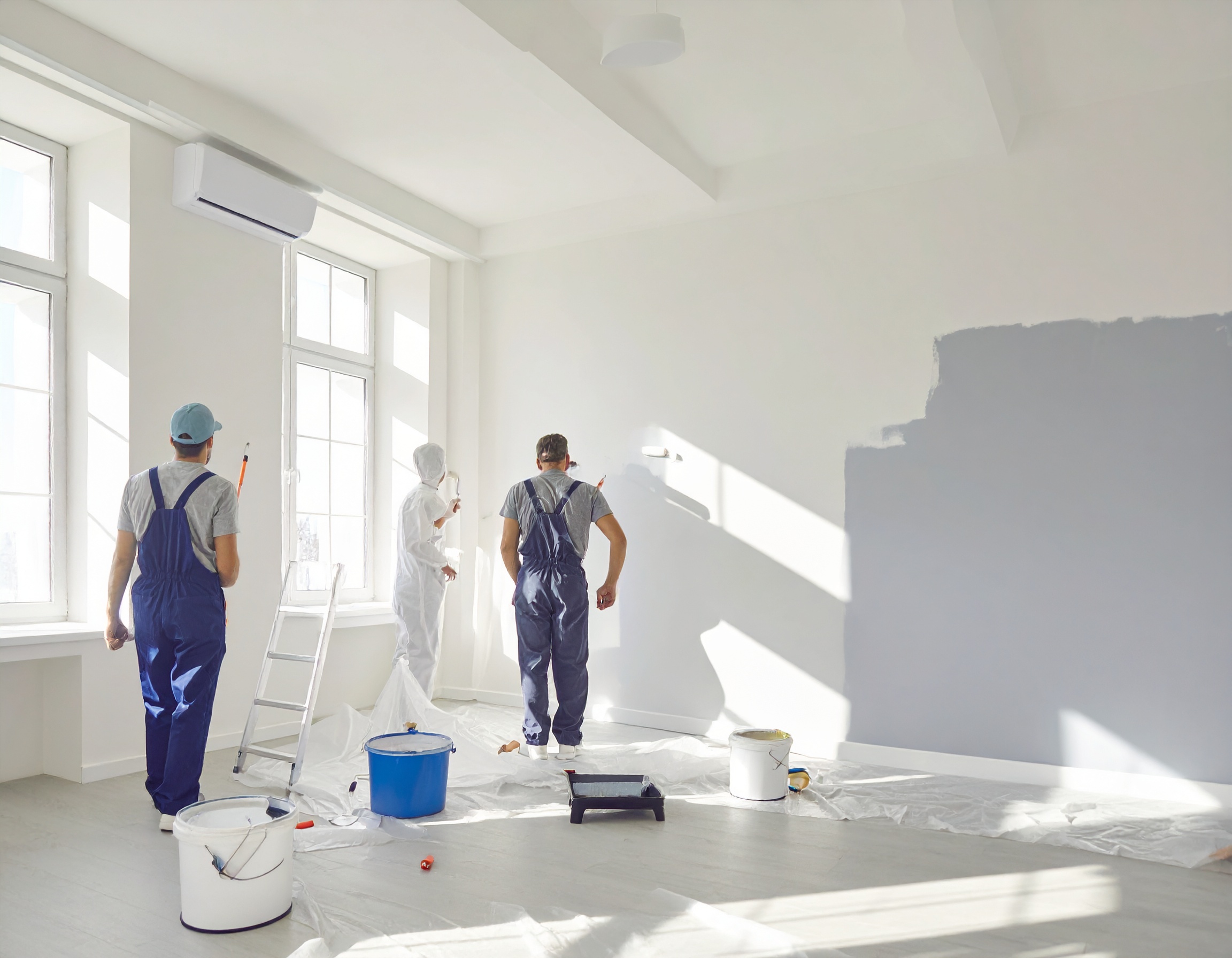 Des ouvriers en train de faire des travaux de peinture intérieure dans une maison