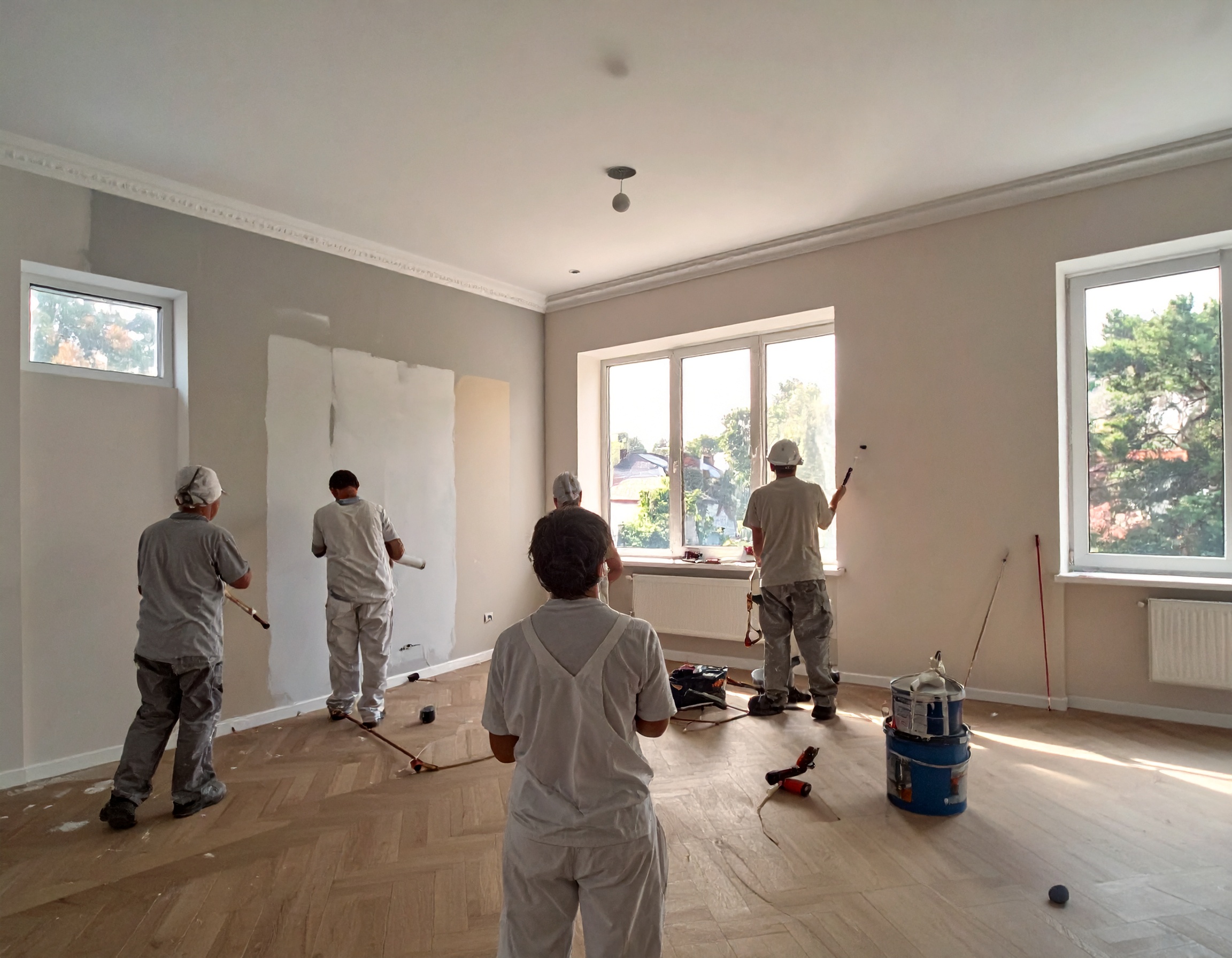 Des ouvriers en train de faire des travaux de peinture intérieure dans une maison