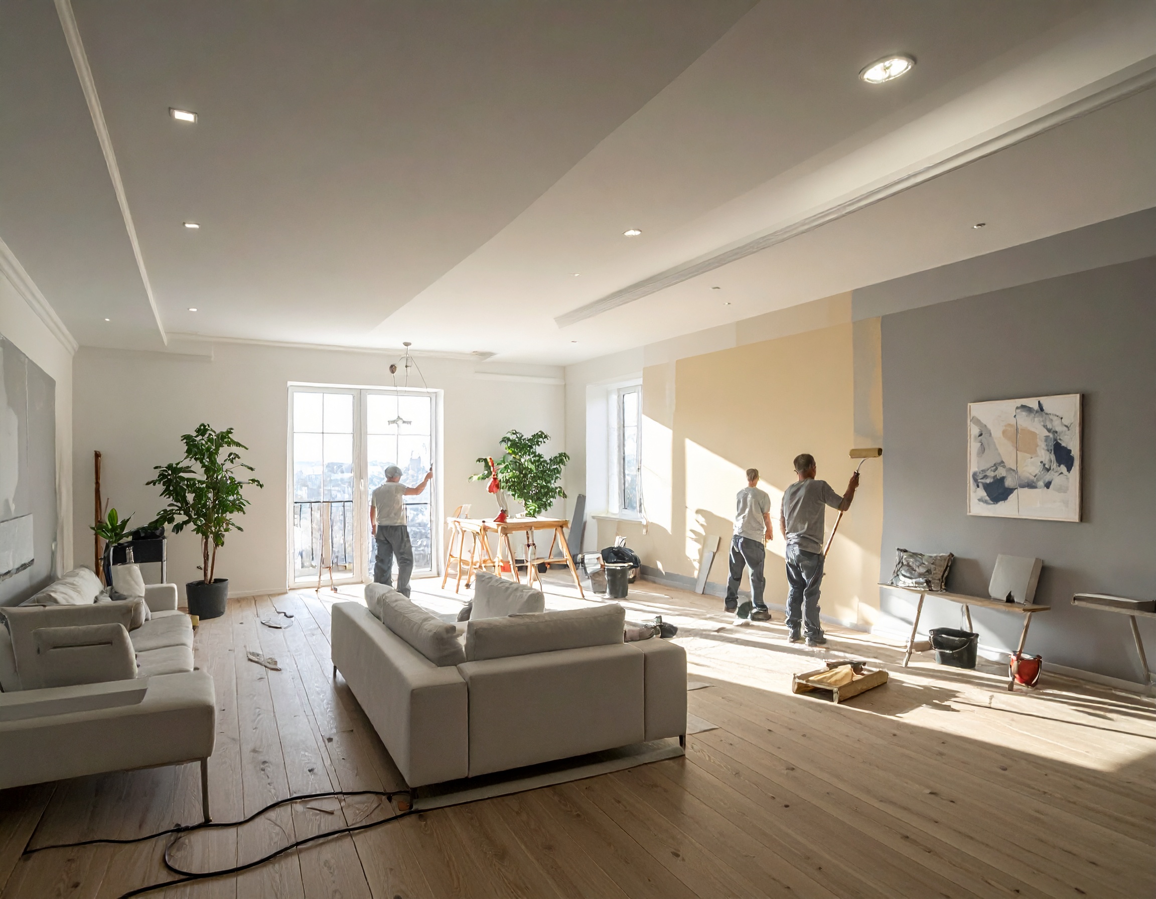 Des ouvriers en train de faire des travaux de peinture intérieure dans une maison