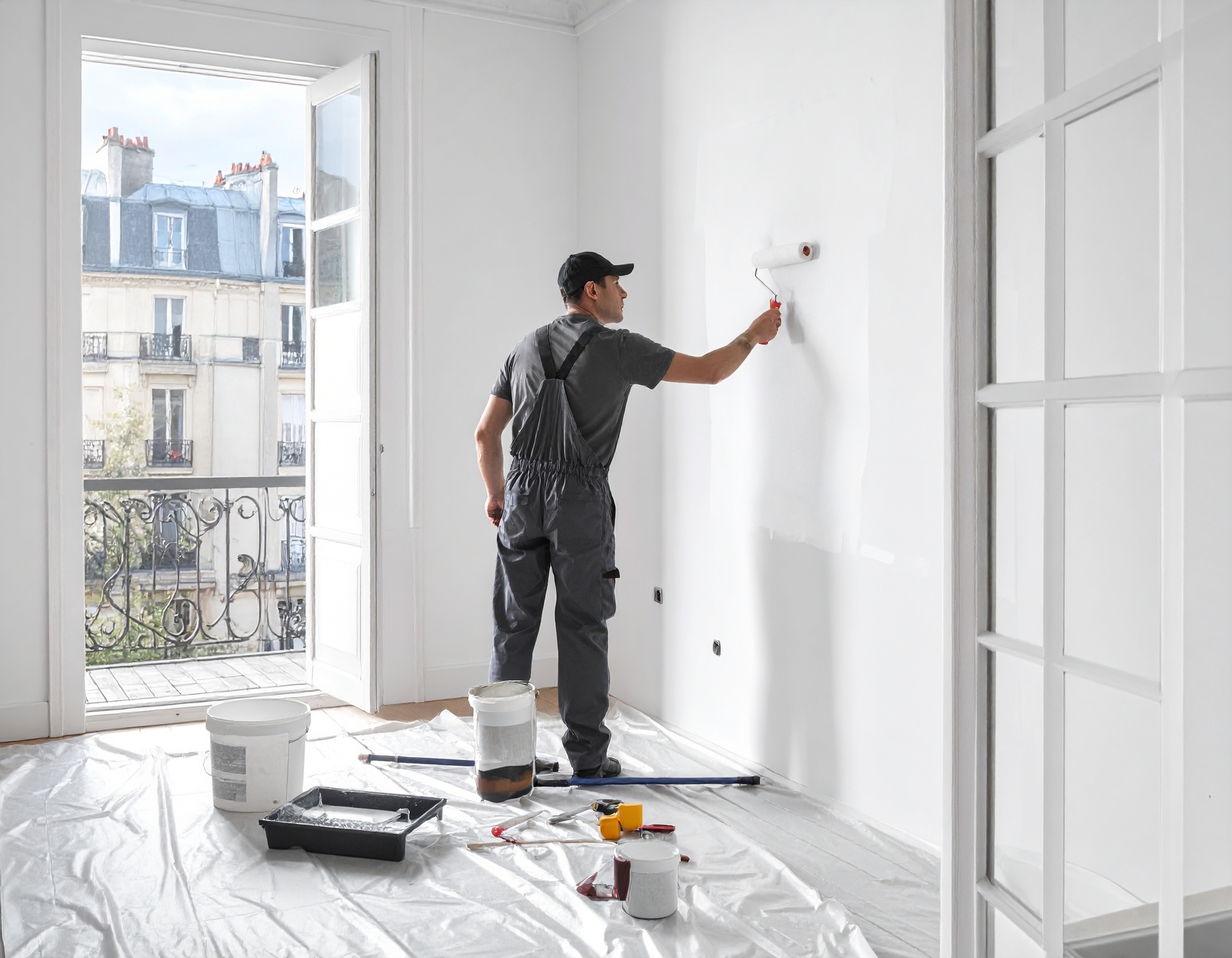 Un ouvrier dans un appartement à Paris en train de faire des travaux de peinture.
